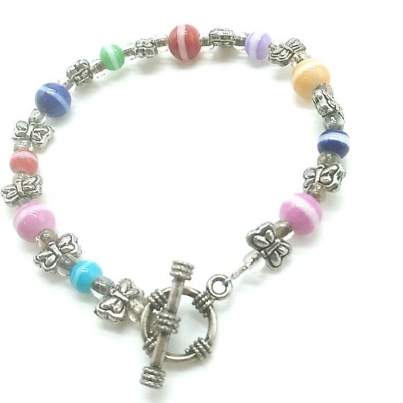 Colorful Rainbow Glass Beaded Toggle Bracelet-Anklet w Silver-tone Butterflies - Picture 9 of 15